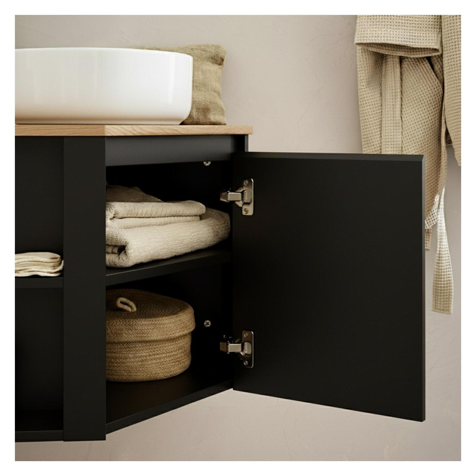 Ensemble meuble sous vasque d'angle avec vasque, robinet noir et armoire de toilette