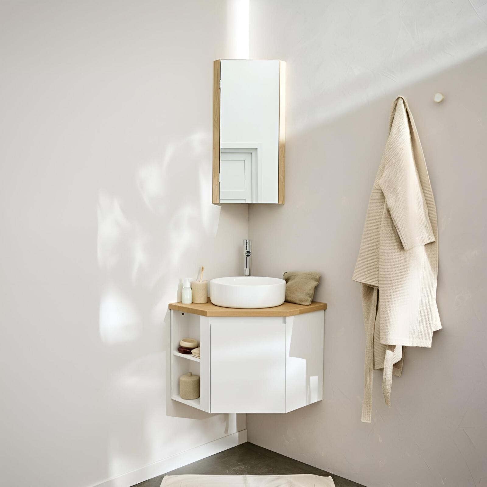 Ensemble meuble sous vasque d'angle avec vasque, robinet chromé et armoire de toilette