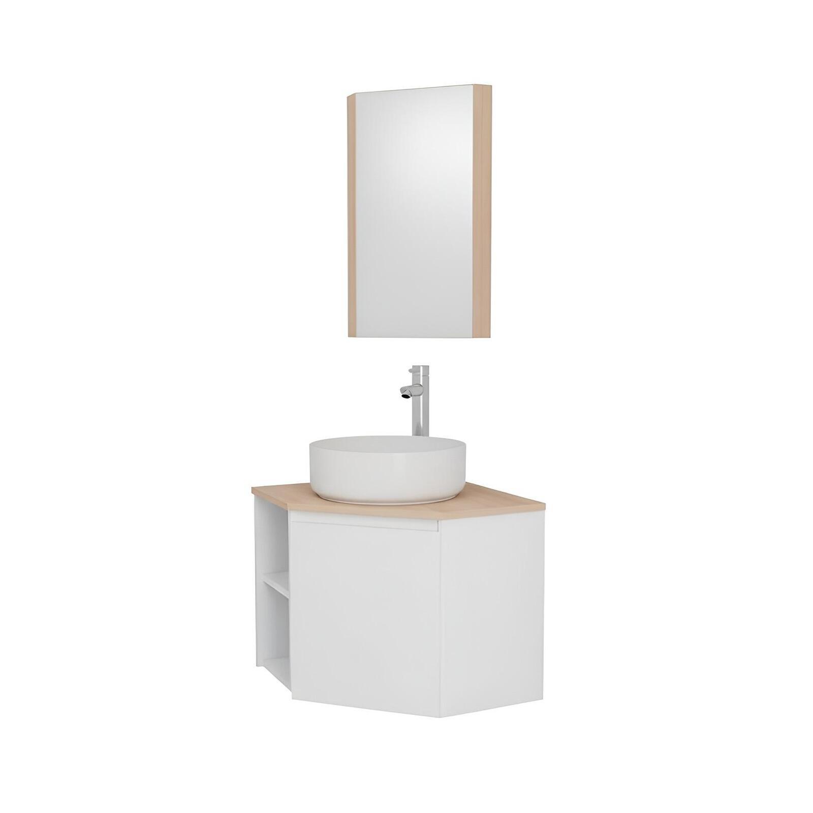 Ensemble meuble sous vasque d'angle avec vasque, robinet chromé et armoire de toilette