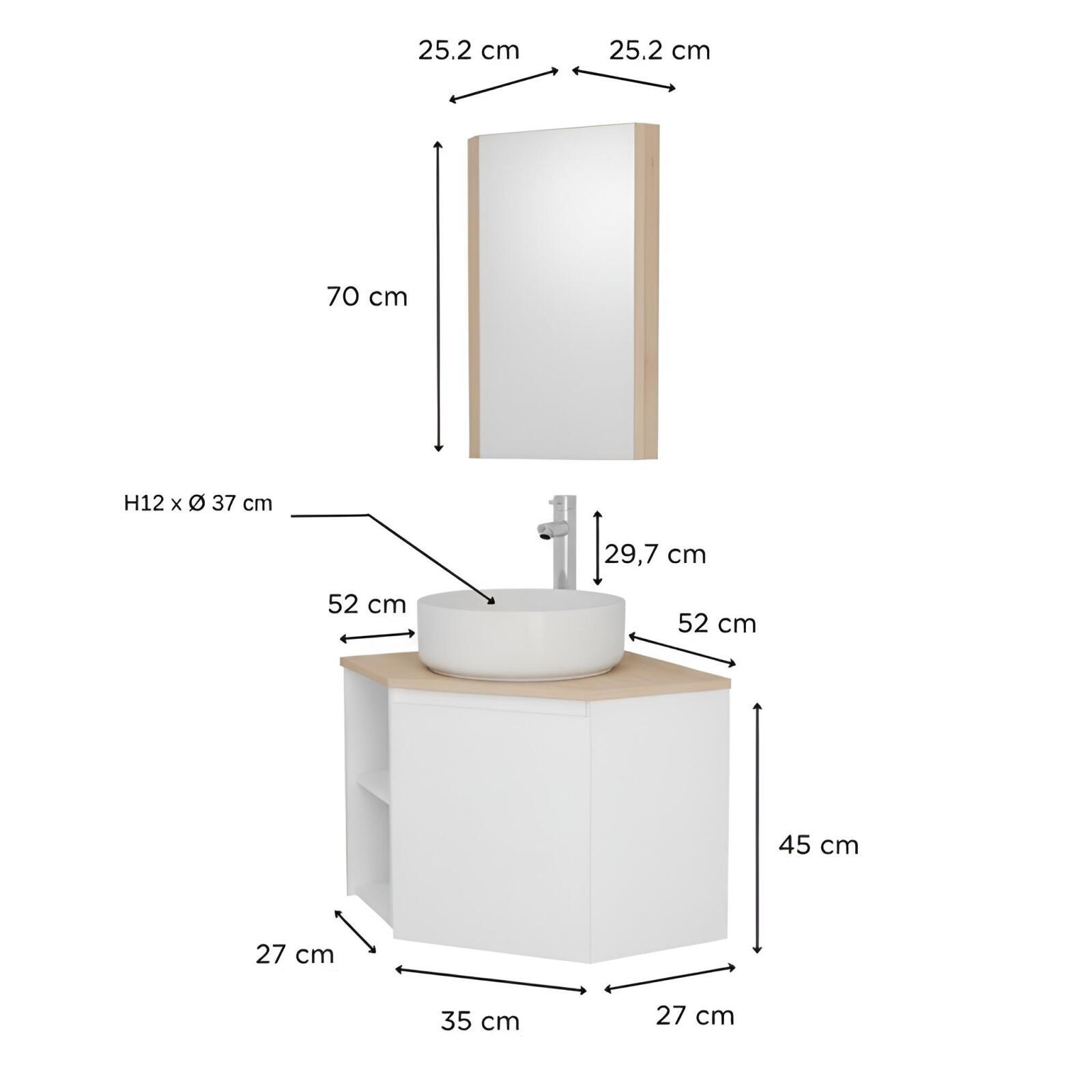 Ensemble meuble sous vasque d'angle avec vasque, robinet chromé et armoire de toilette