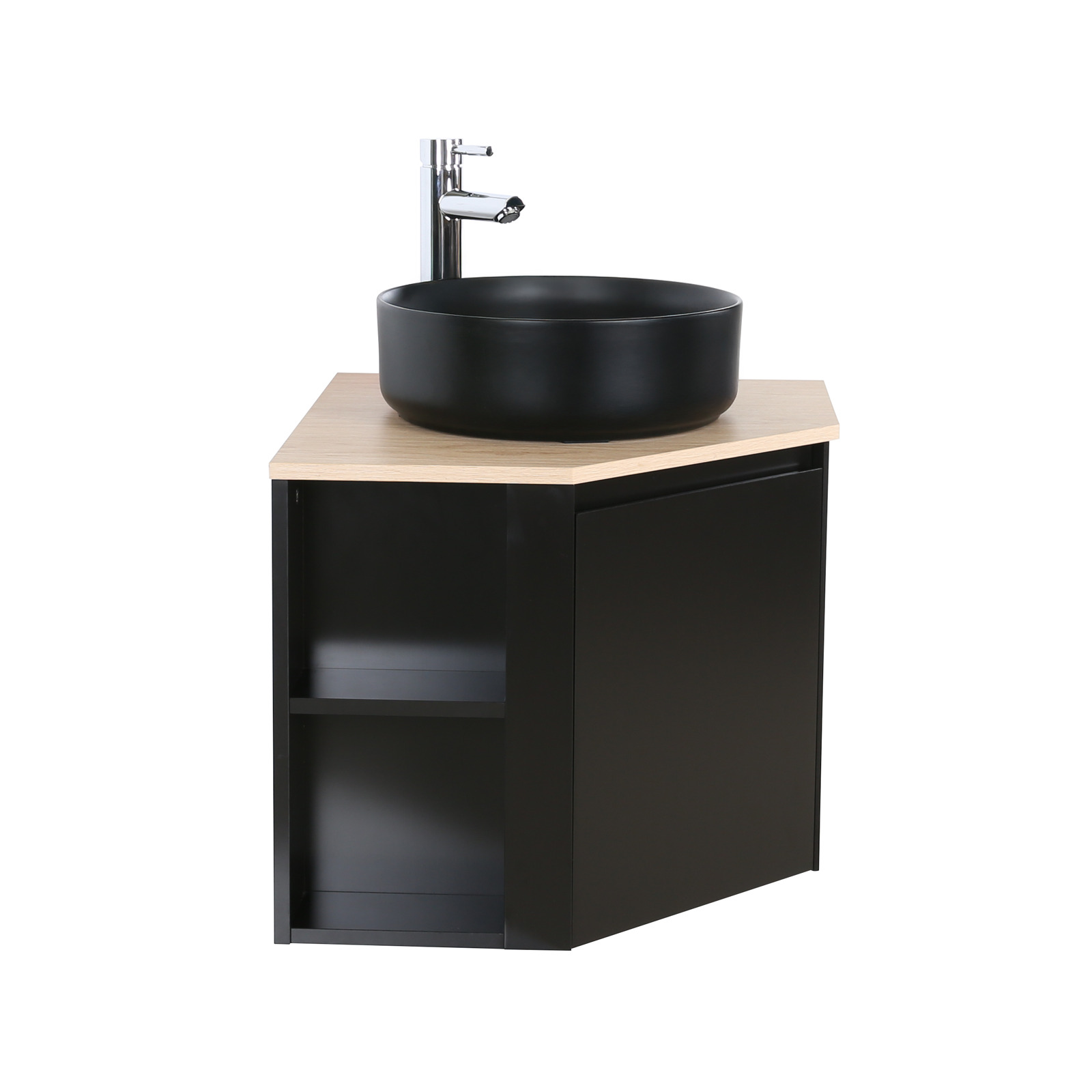 Ensemble meuble sous vasque d'angle avec vasque et robinet noir