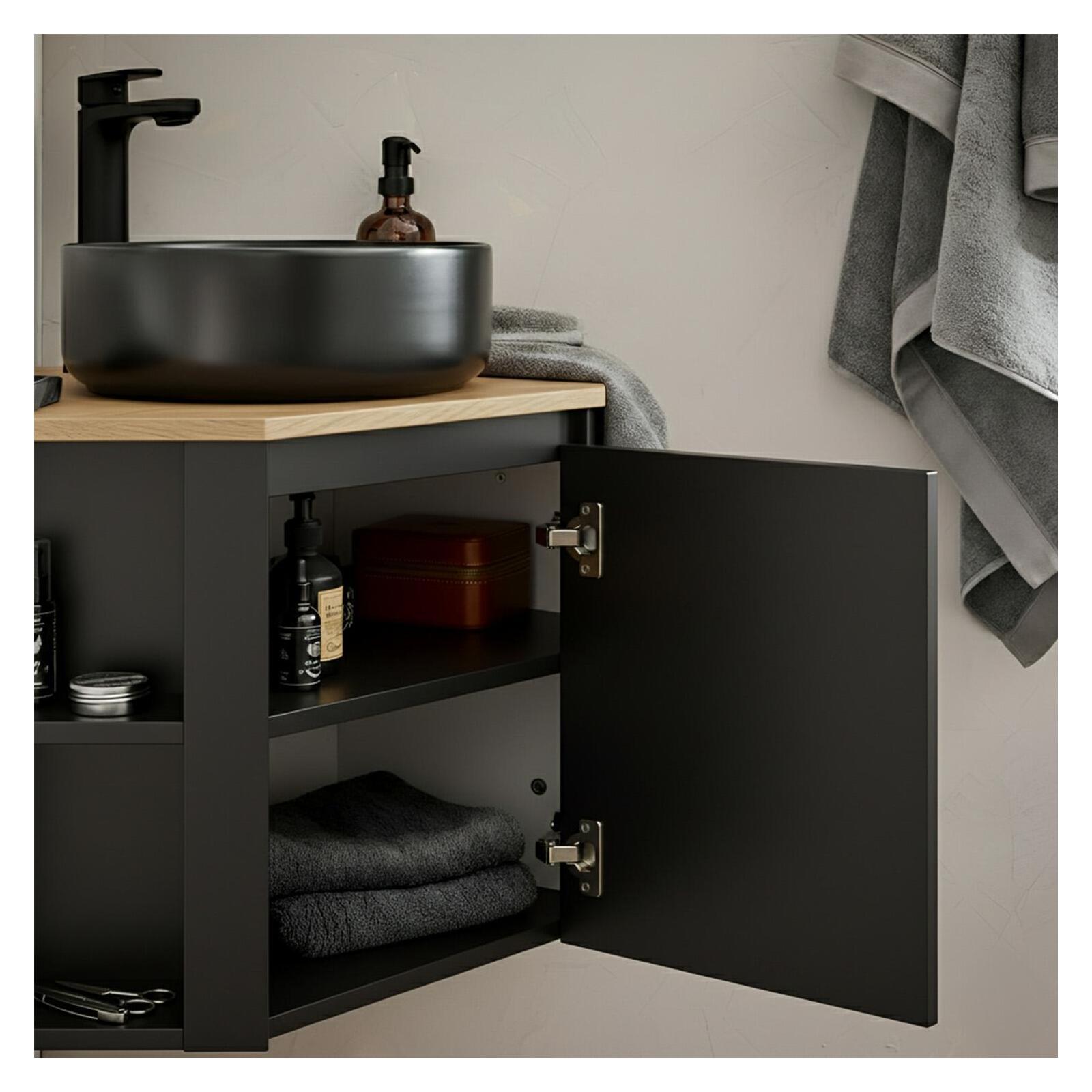 Ensemble meuble sous vasque d'angle avec vasque et robinet noir