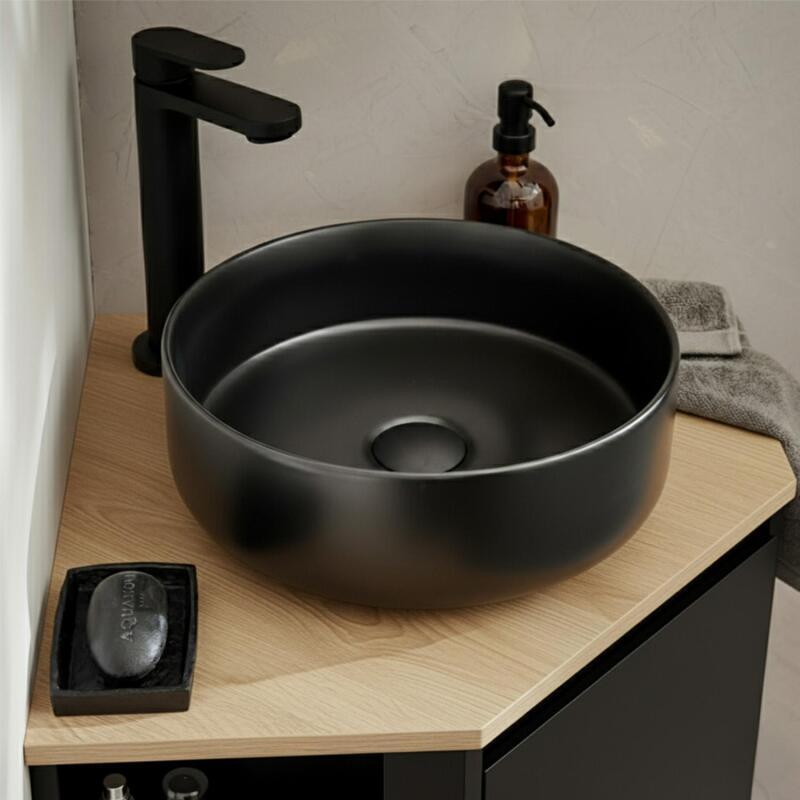 Ensemble meuble sous vasque d'angle avec vasque et robinet noir