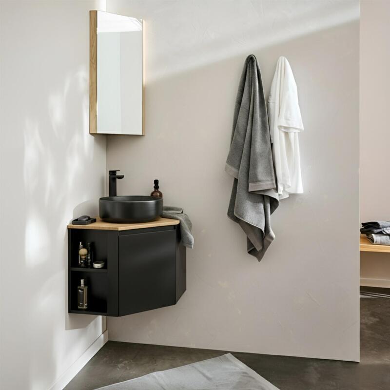 Ensemble meuble sous vasque d'angle avec vasque et robinet noir