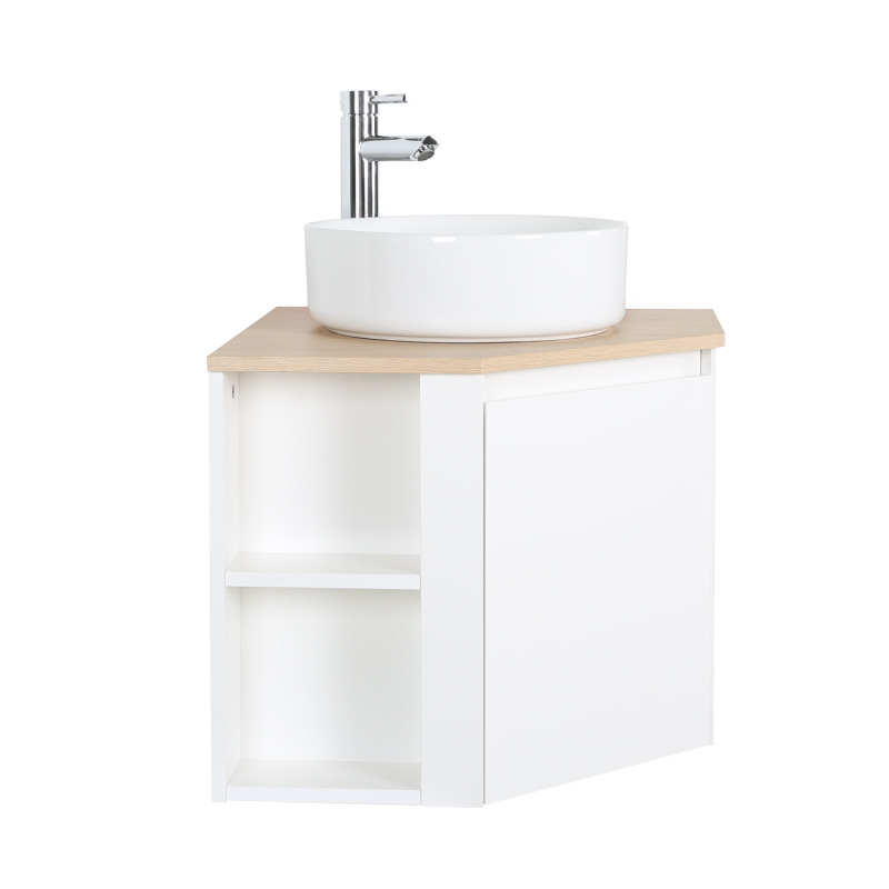 Ensemble meuble sous vasque d'angle avec vasque blanche et robinet chromé