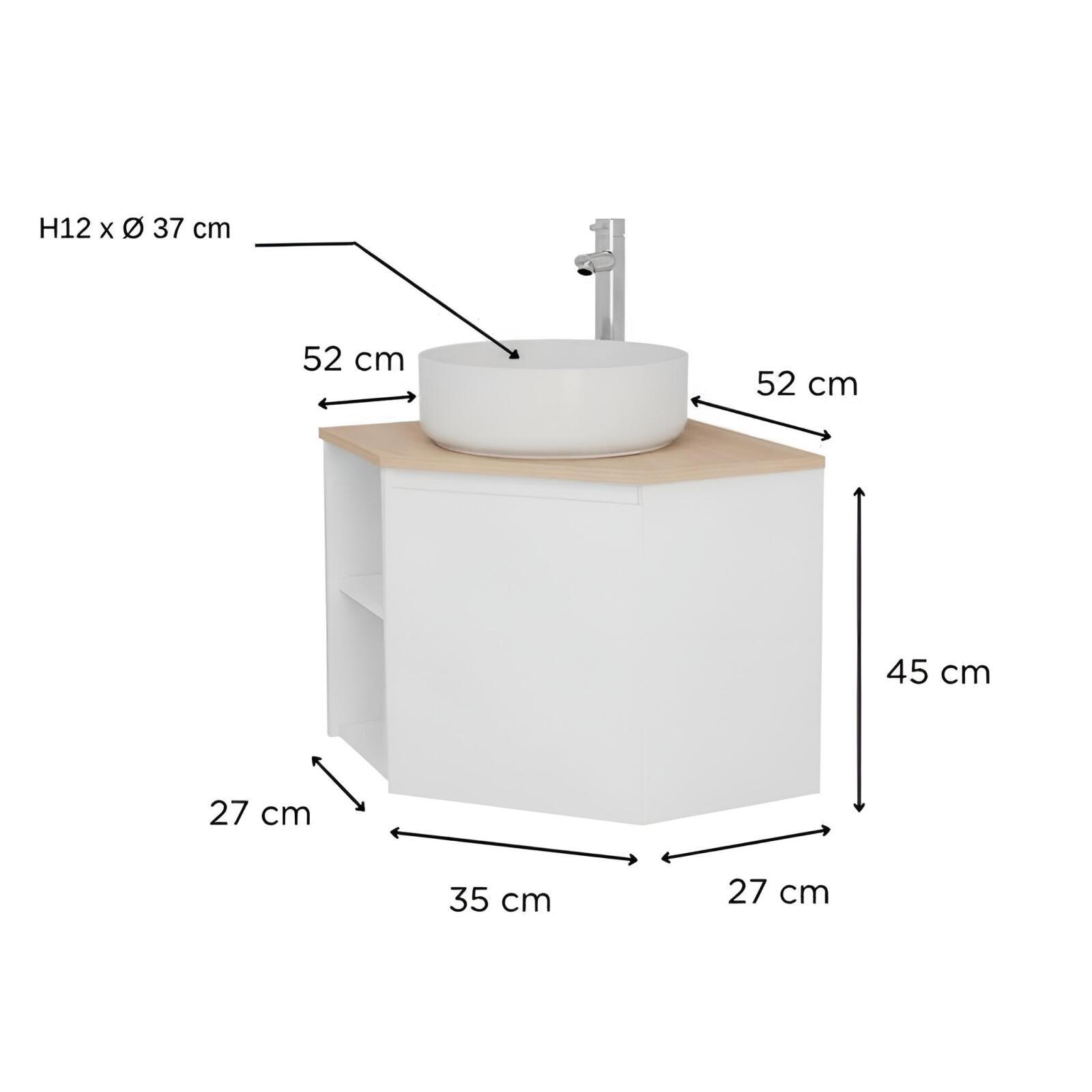 Ensemble meuble sous vasque d'angle avec vasque blanche et robinet chromé
