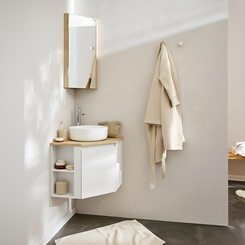 Ensemble meuble sous vasque d'angle avec vasque blanche et robinet chromé