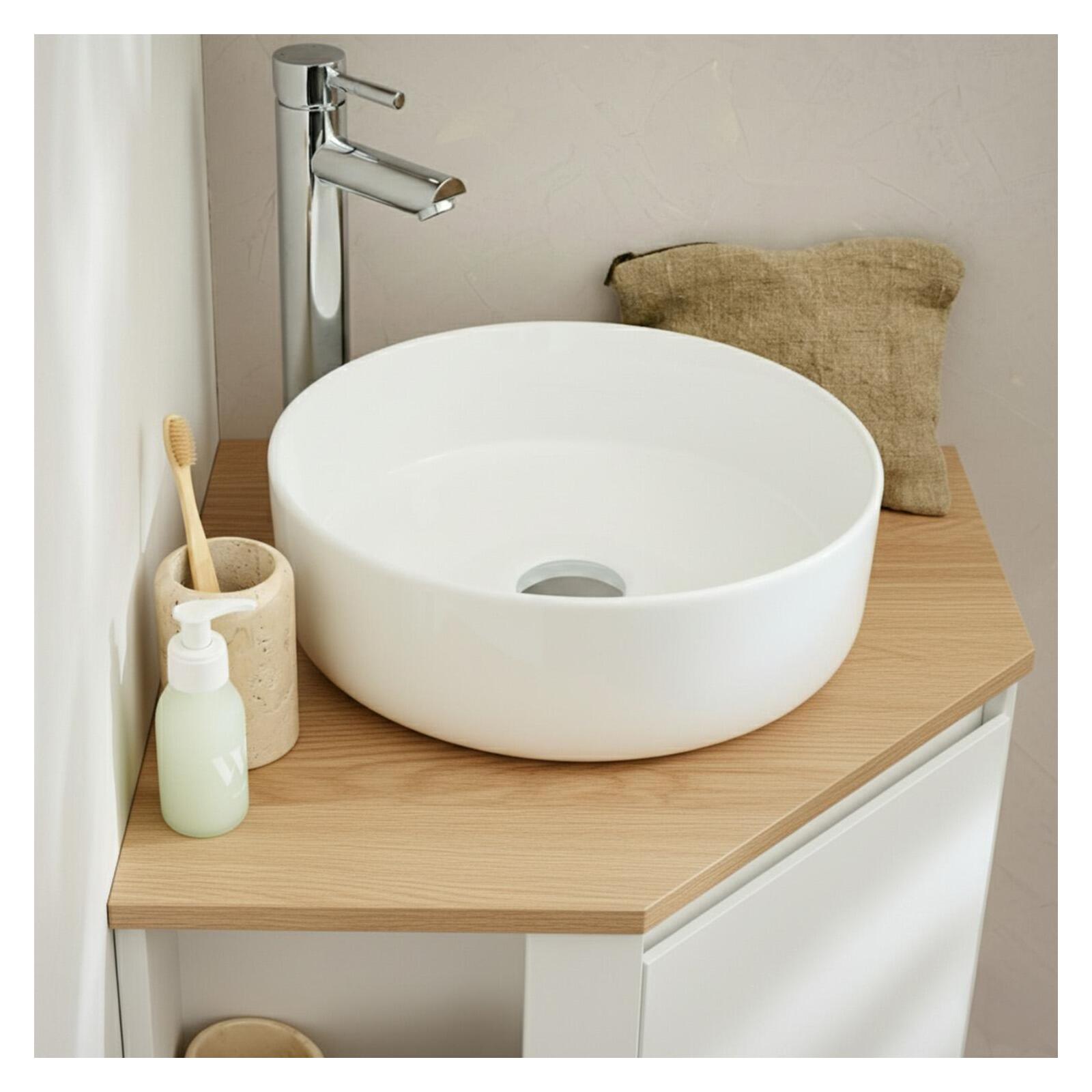 Ensemble meuble sous vasque d'angle avec vasque blanche