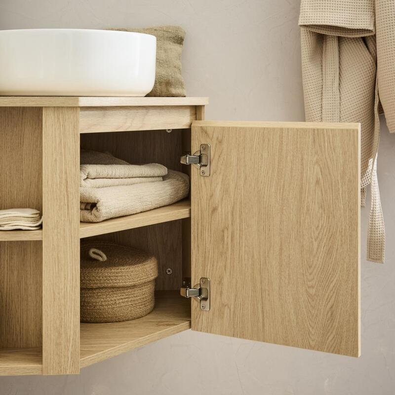 Meuble sous vasque d'angle suspendu 52cm - avec plan vasque décor chêne