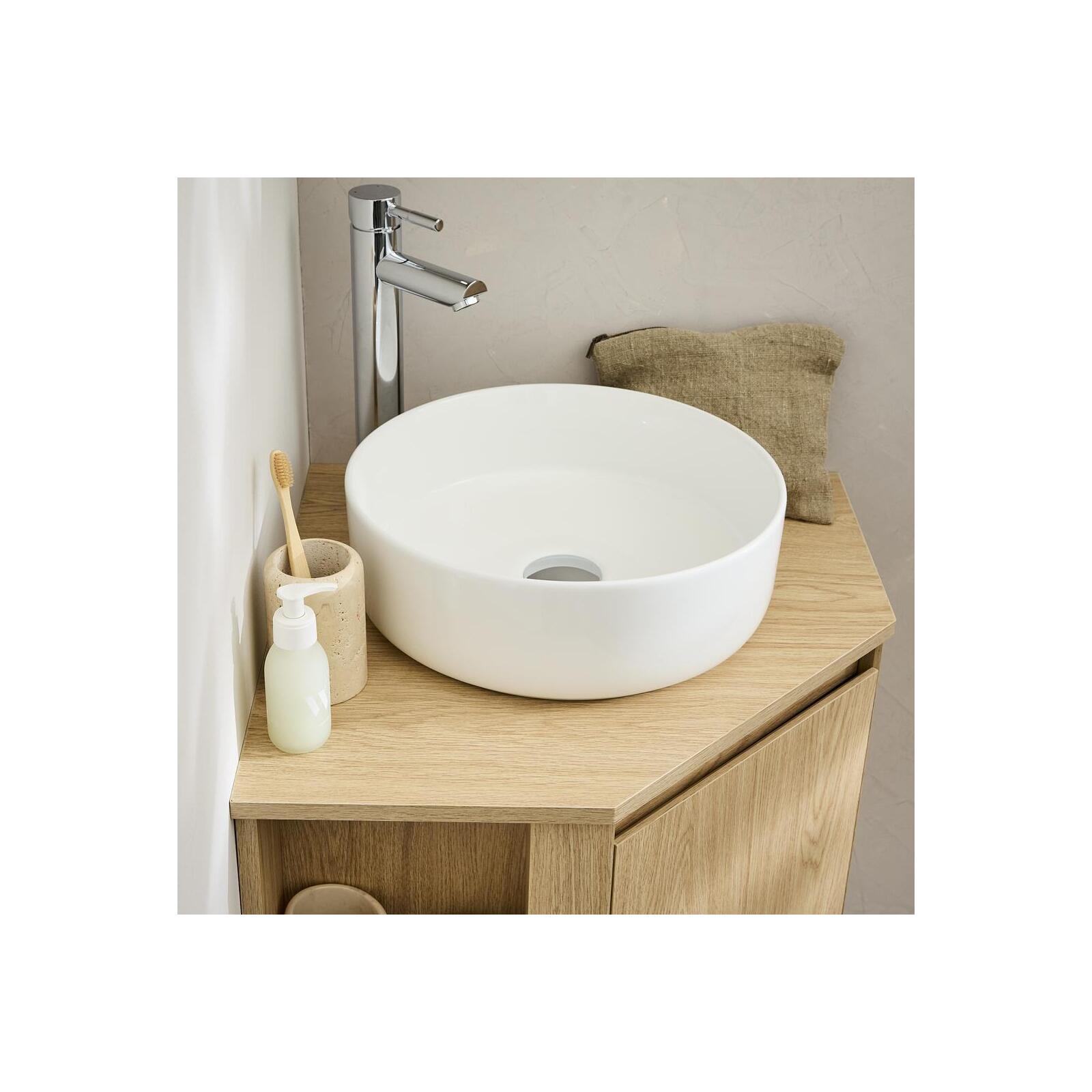 Meuble sous vasque d'angle suspendu 52cm - avec plan vasque décor chêne