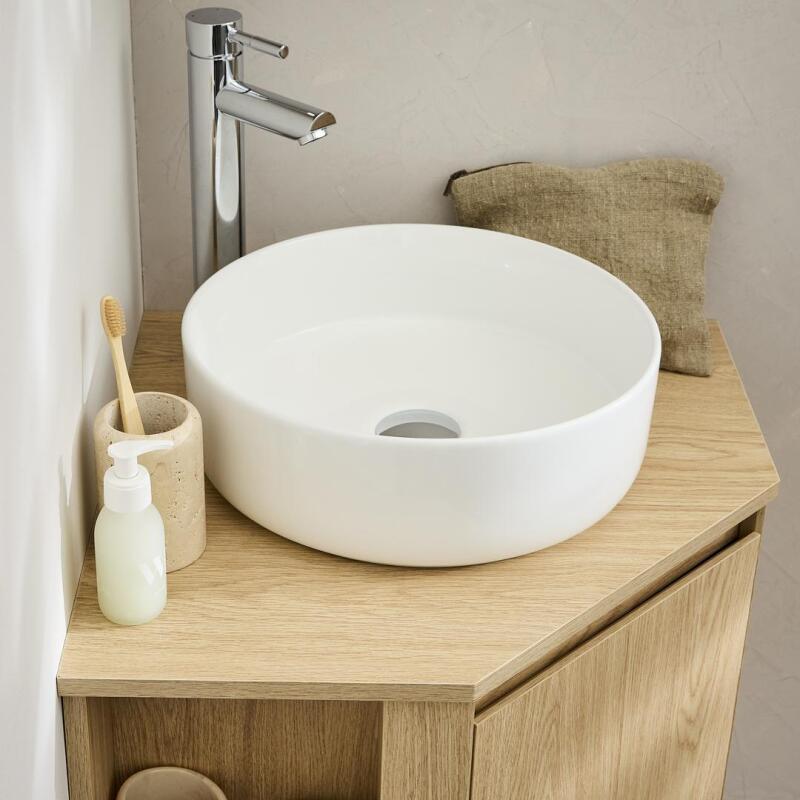 Meuble sous vasque d'angle suspendu 52cm - avec plan vasque décor chêne