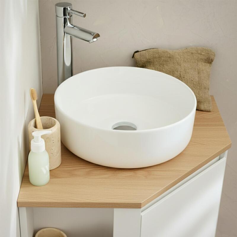 Meuble sous vasque d'angle suspendu 52cm - avec plan vasque décor chêne