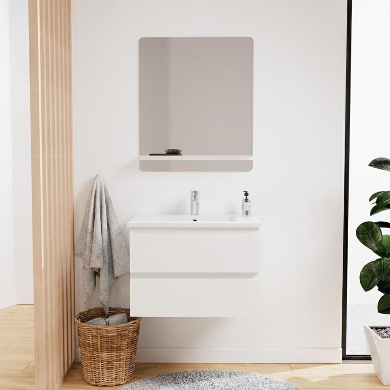 Ensemble simple vasque 60cm avec plan céramique, robinet chromé et miroir