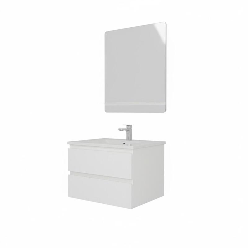 Ensemble simple vasque 60cm avec plan céramique, robinet chromé et miroir