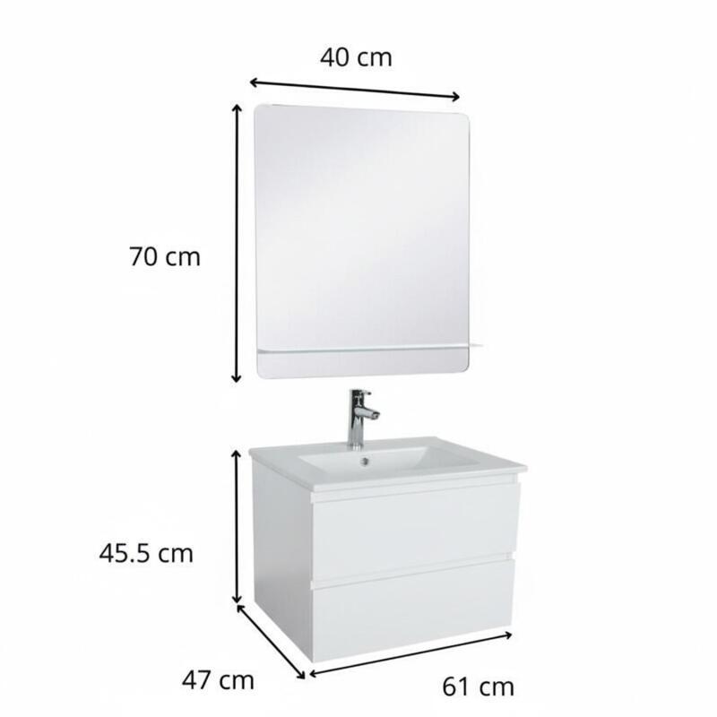 Ensemble simple vasque 60cm avec plan céramique, robinet chromé et miroir