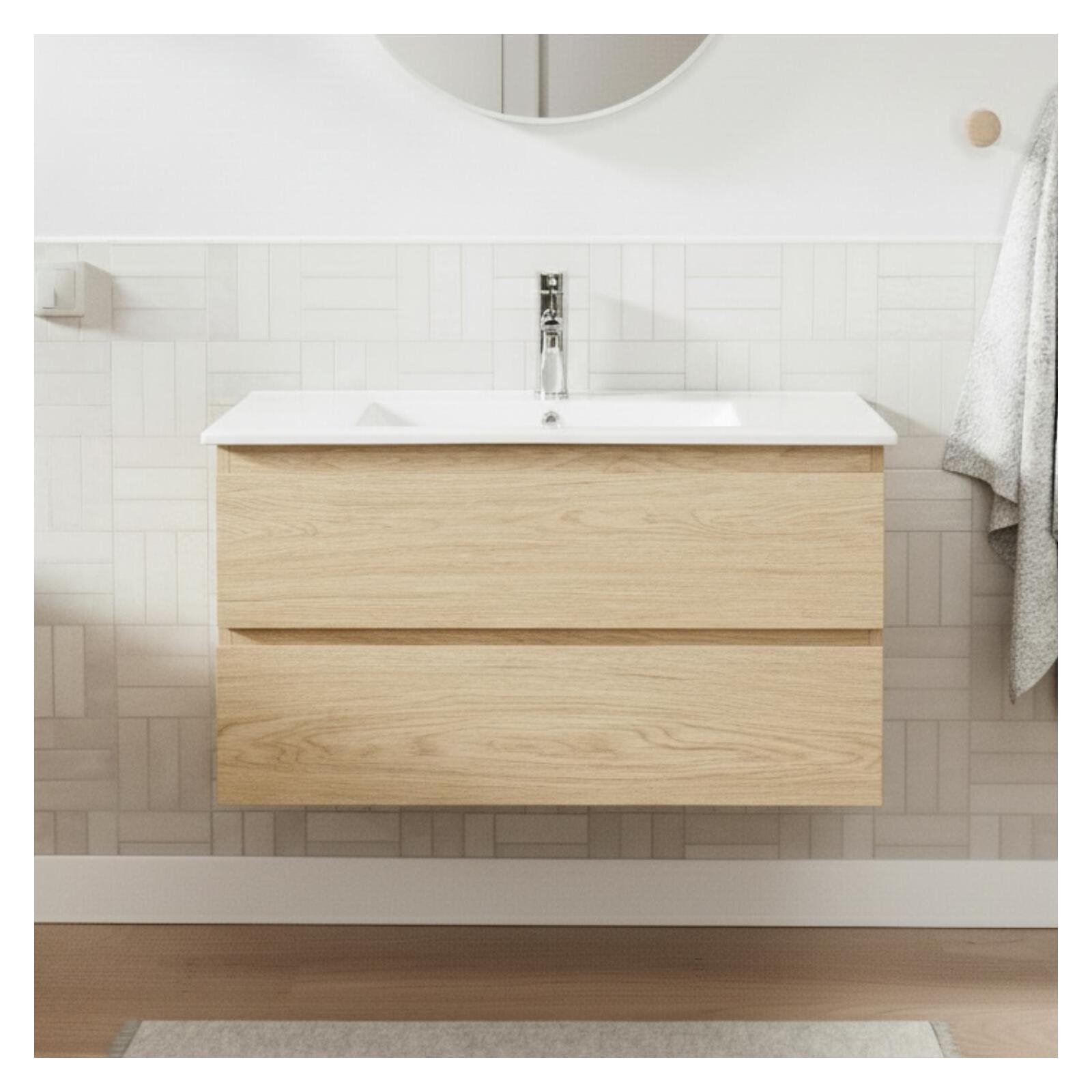 Ensemble meuble simple vasque décor chêne  80cm + vasque + robinet