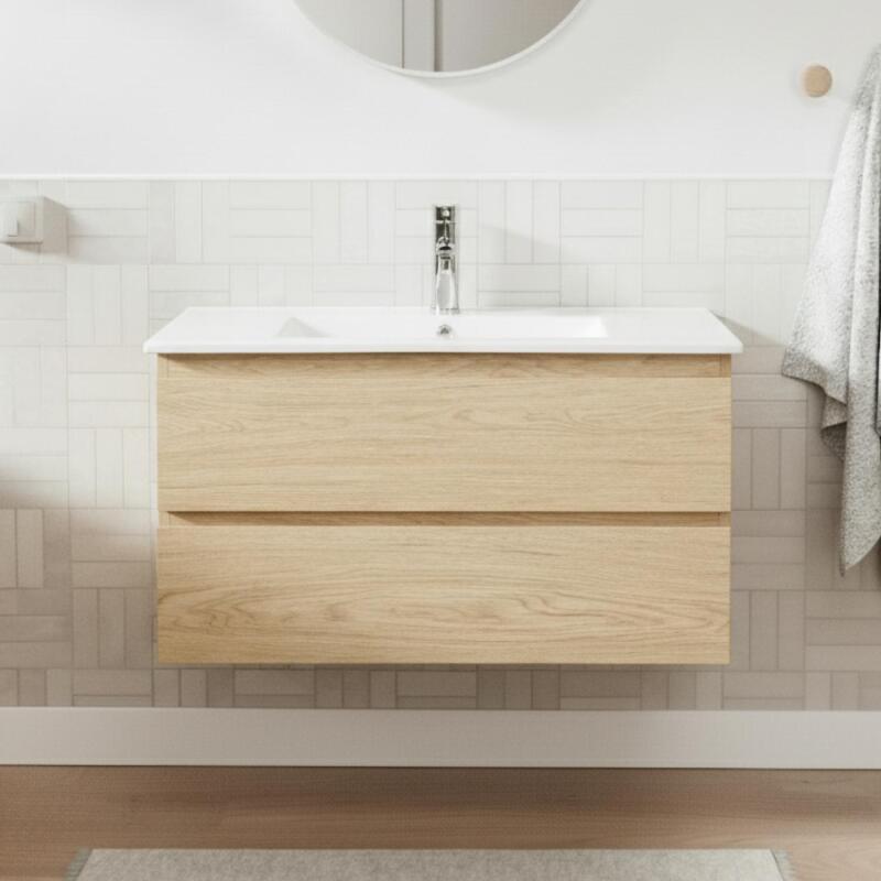 Ensemble meuble simple vasque décor chêne  80cm + vasque + robinet