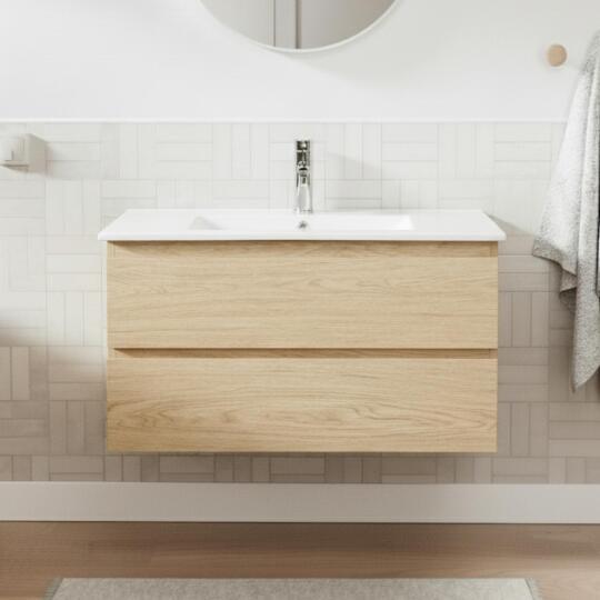 Ensemble meuble simple vasque décor chêne  80cm + vasque + robinet