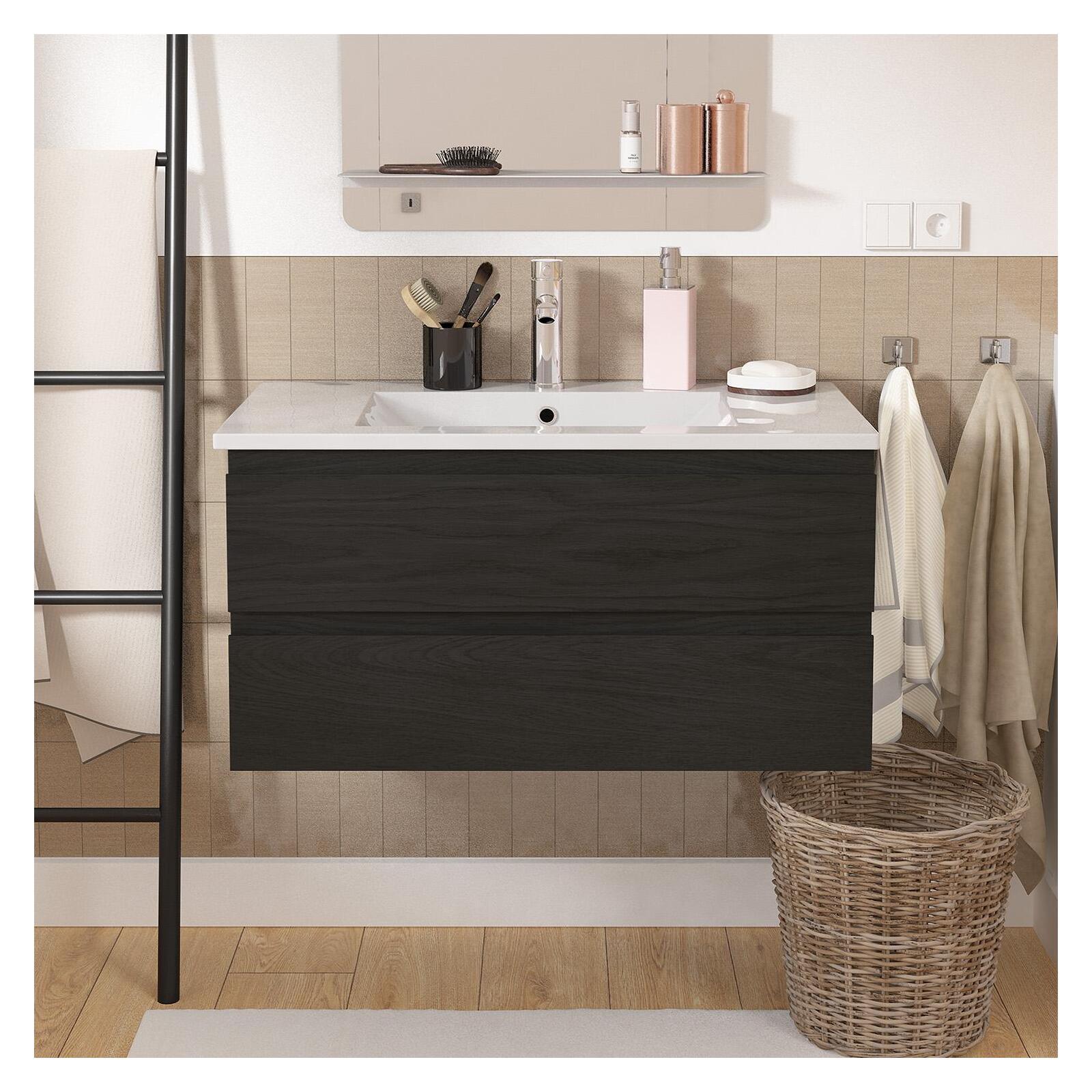 Ensemble meuble simple vasque décor chêne  80cm + vasque + robinet