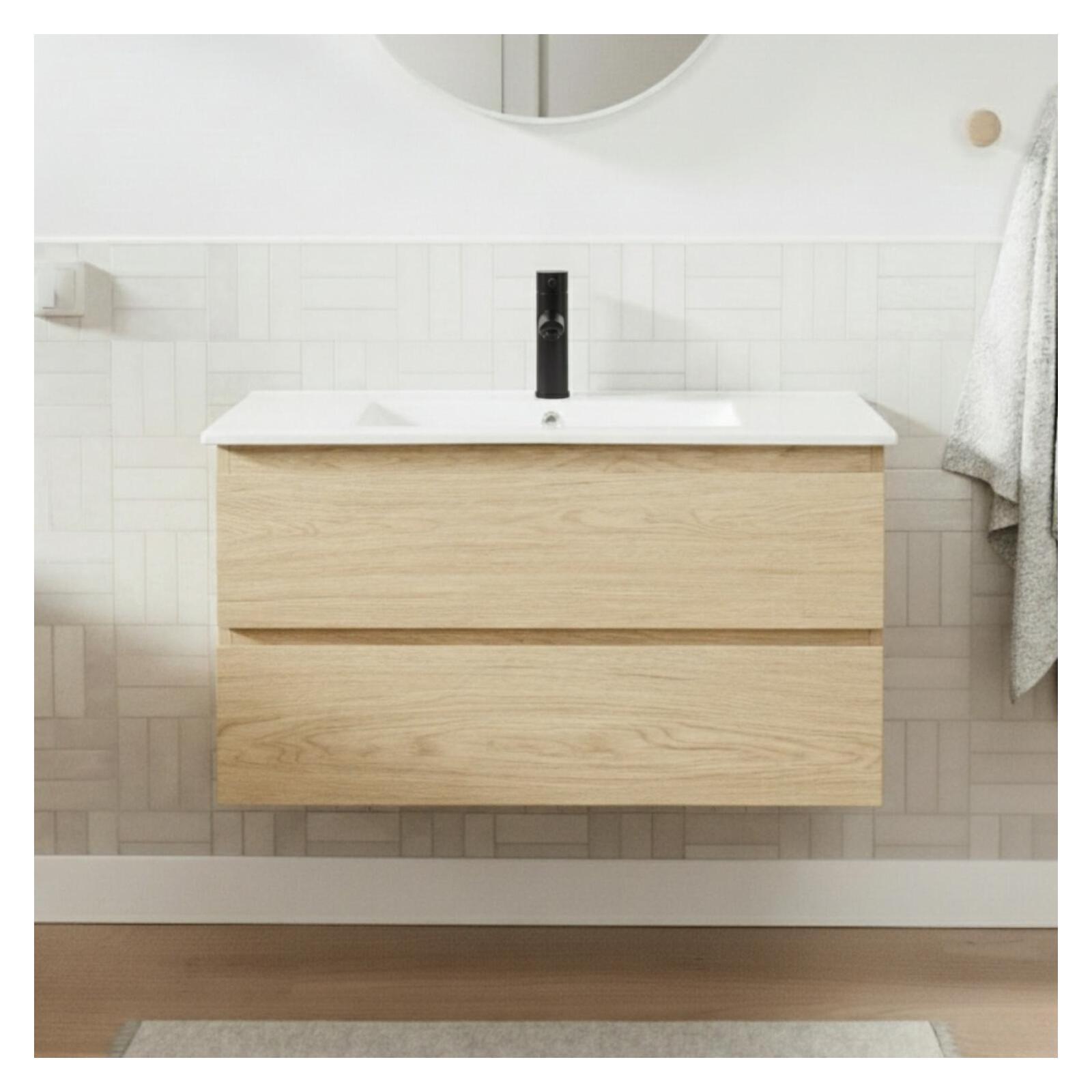 Ensemble meuble simple vasque décor chêne  80cm + vasque + robinet noir