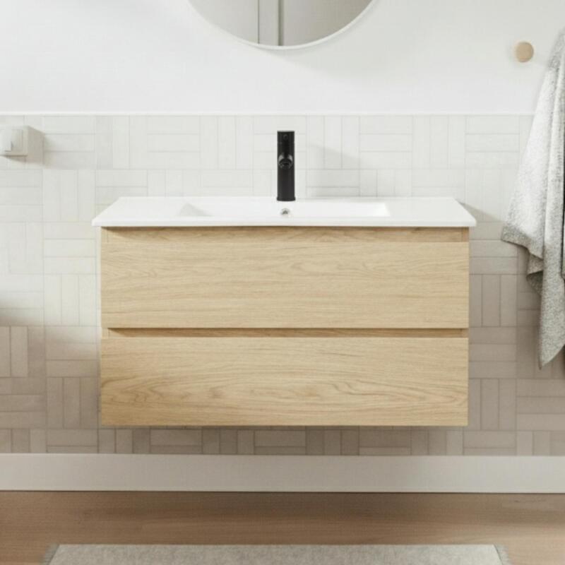 Ensemble meuble simple vasque décor chêne  80cm + vasque + robinet noir