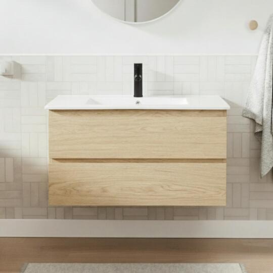 Ensemble meuble simple vasque décor chêne  80cm + vasque + robinet noir