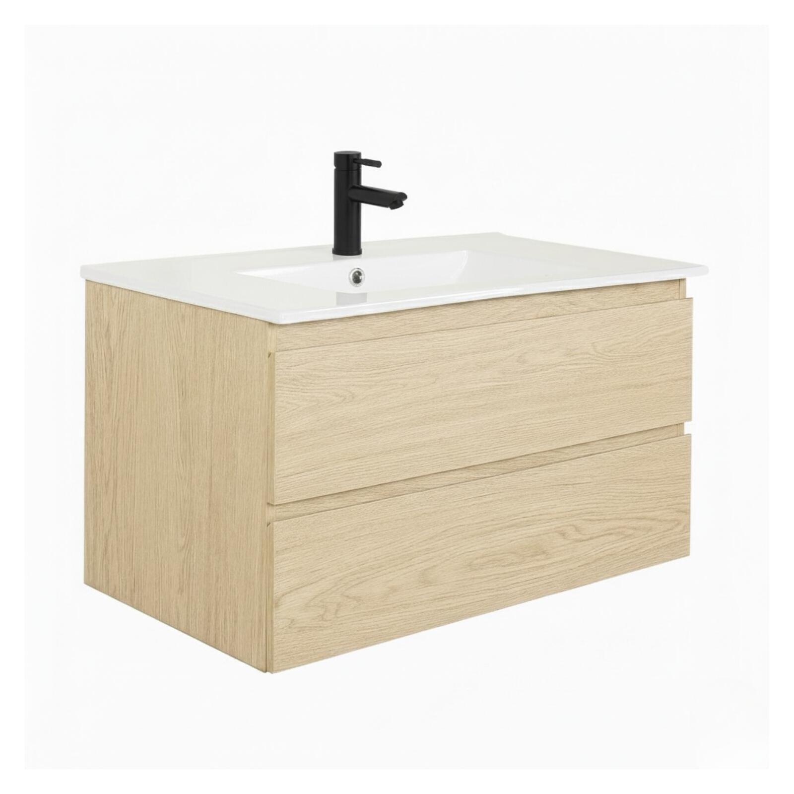 Ensemble meuble simple vasque décor chêne  80cm + vasque + robinet noir