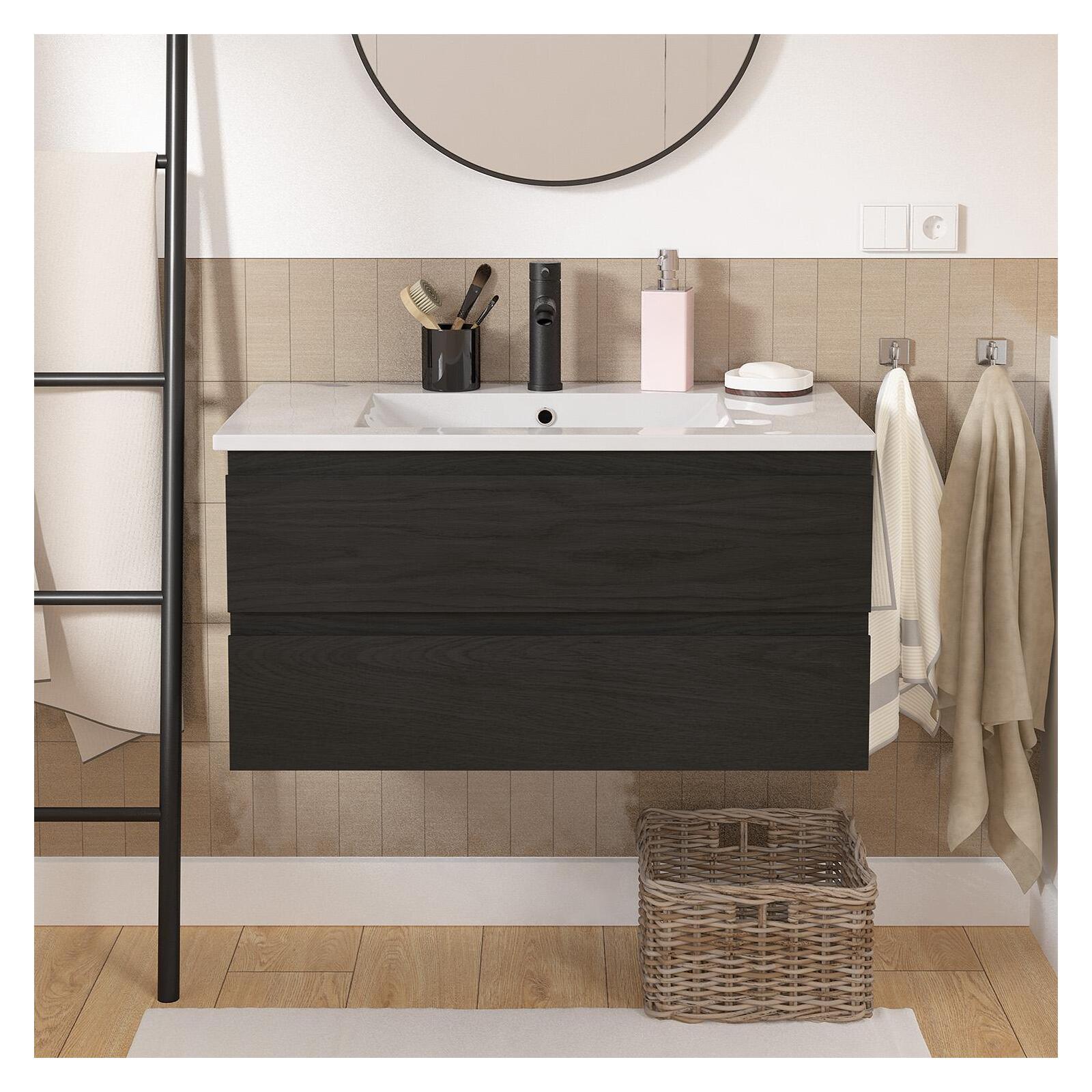 Ensemble meuble simple vasque décor chêne  80cm + vasque + robinet noir