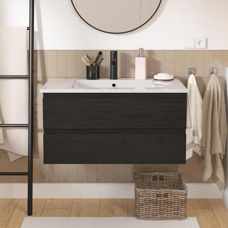 Ensemble meuble simple vasque décor chêne  80cm + vasque + robinet noir
