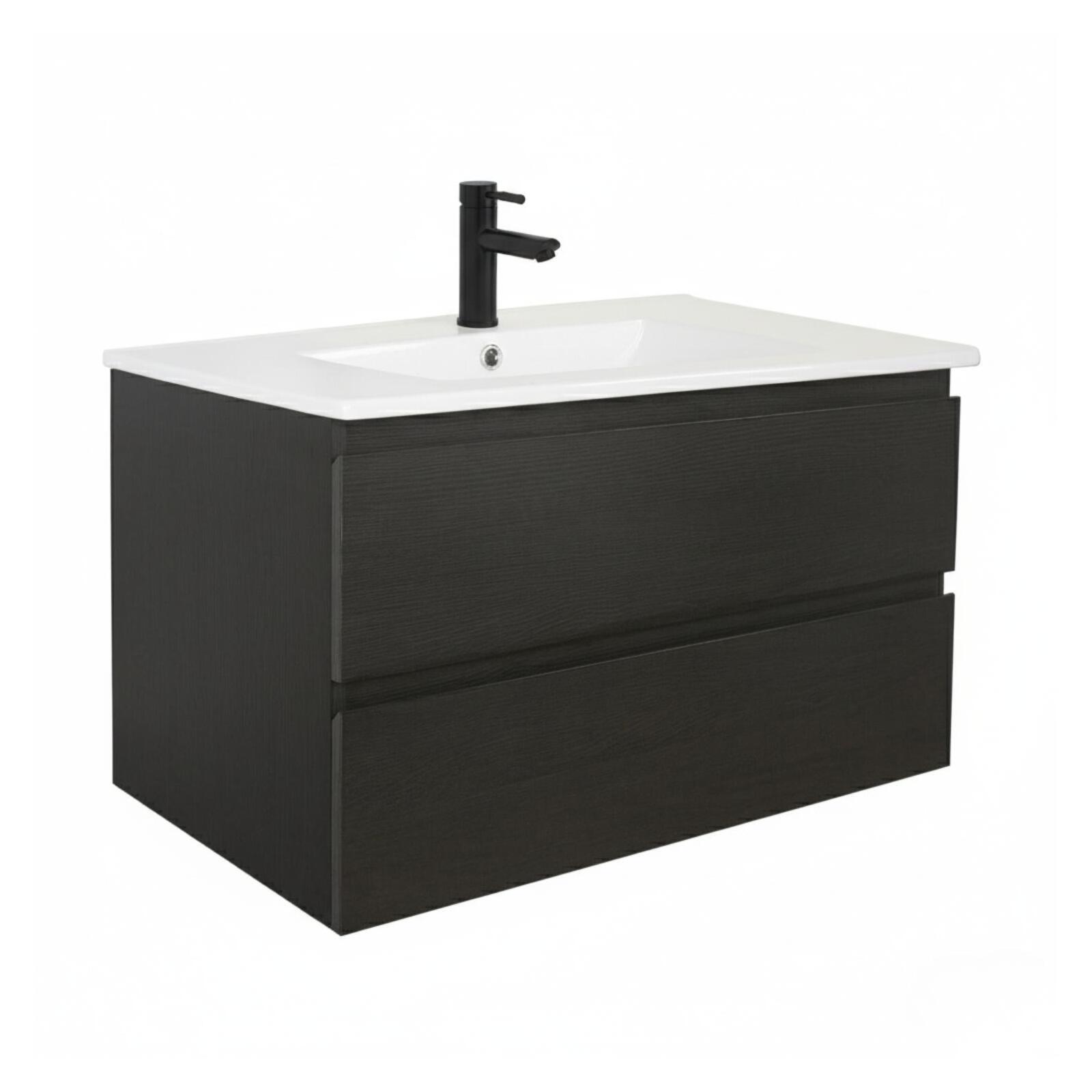 Ensemble meuble simple vasque décor chêne  80cm + vasque + robinet noir
