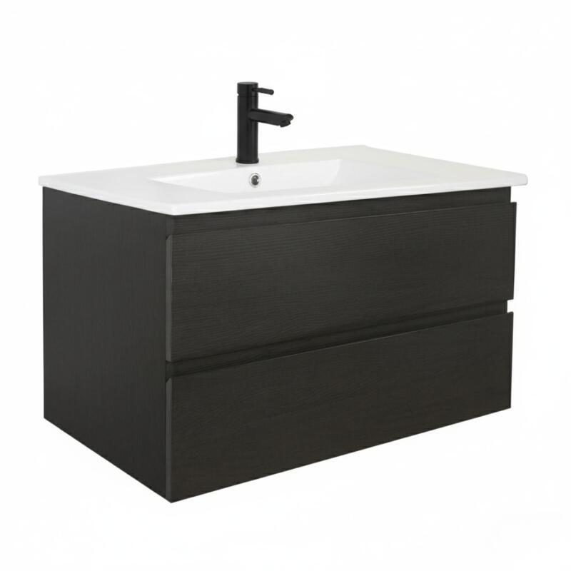 Ensemble meuble simple vasque décor chêne  80cm + vasque + robinet noir