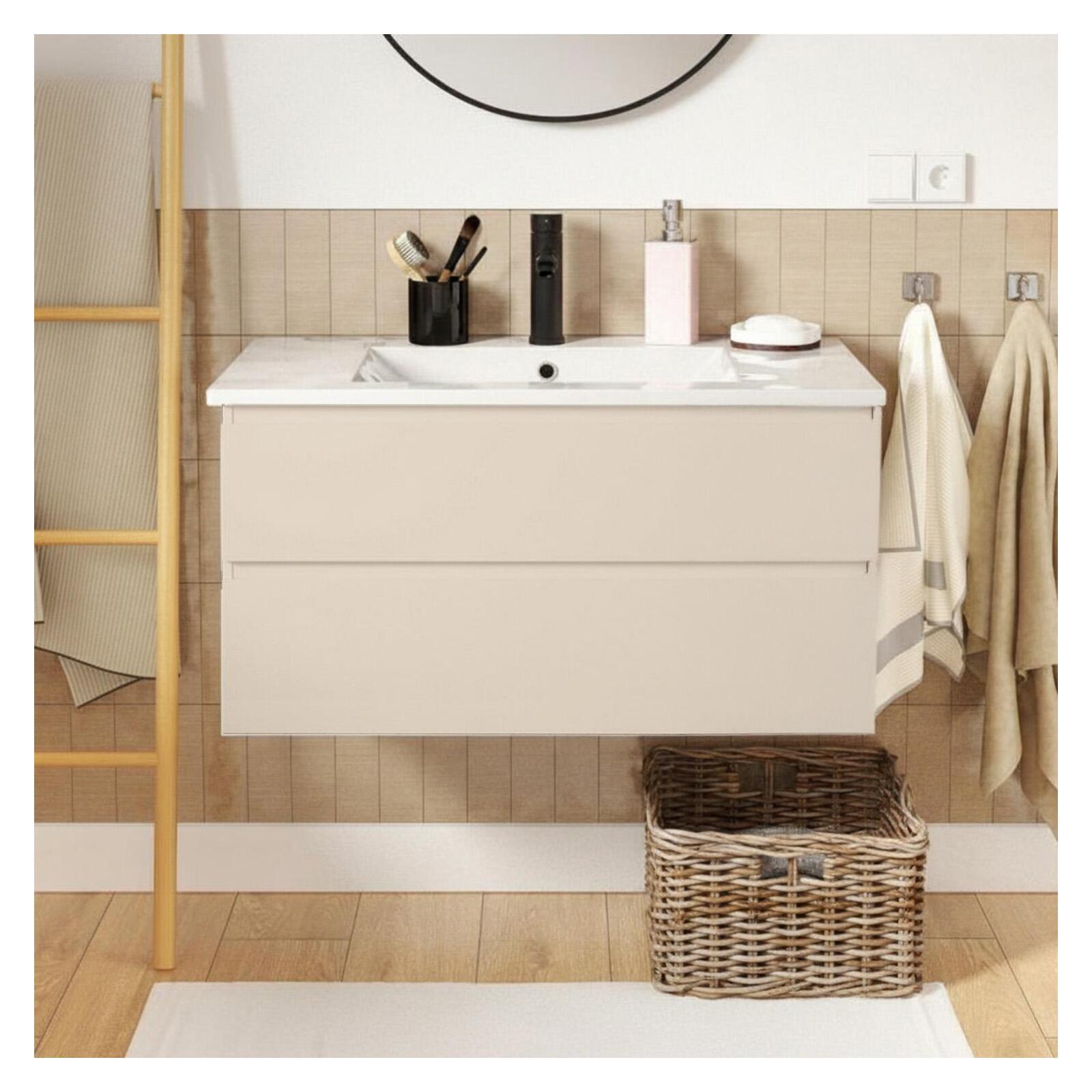 Ensemble meuble simple vasque décor chêne  80cm + vasque + robinet noir