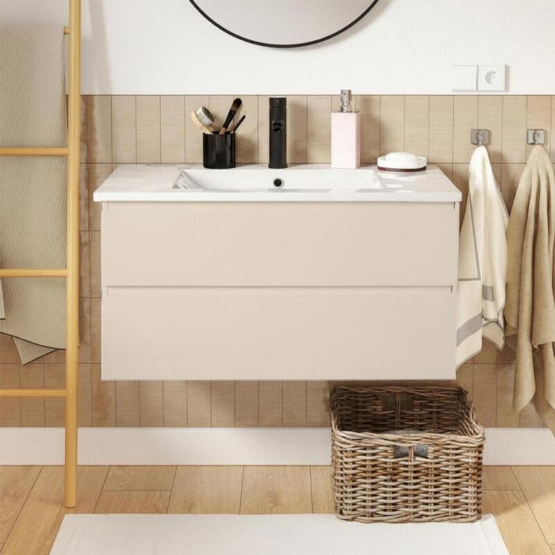Ensemble meuble simple vasque décor chêne  80cm + vasque + robinet noir