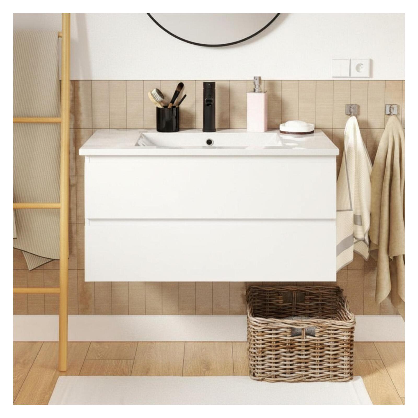 Ensemble meuble simple vasque décor chêne  80cm + vasque + robinet noir