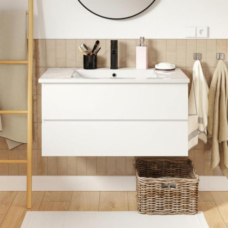 Ensemble meuble simple vasque décor chêne  80cm + vasque + robinet noir