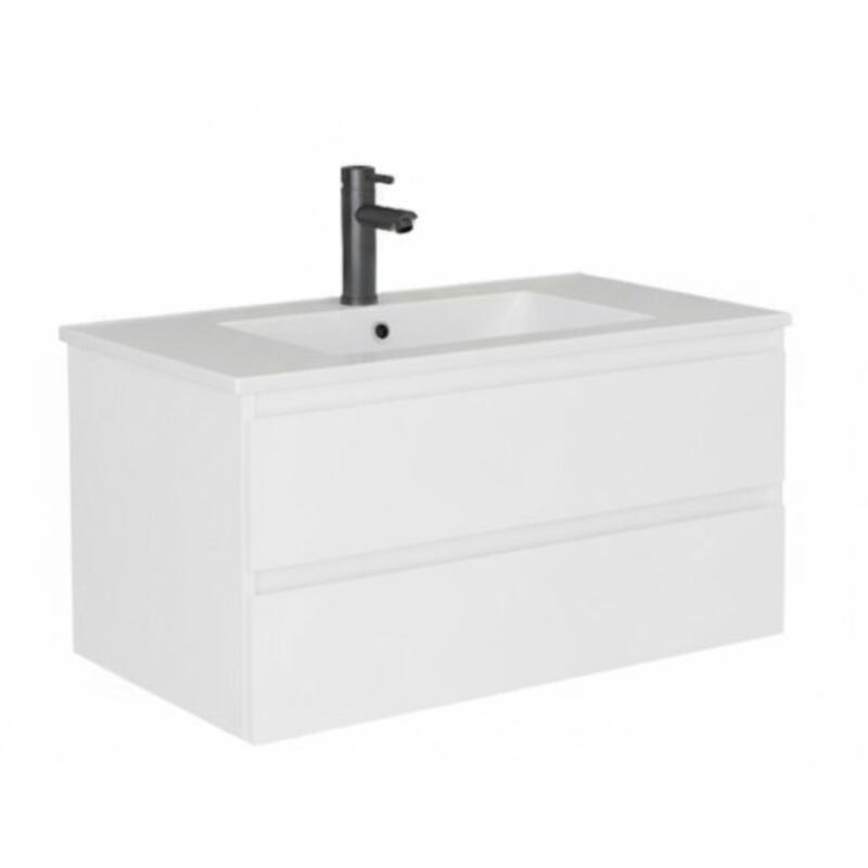 Ensemble meuble simple vasque décor chêne  80cm + vasque + robinet noir