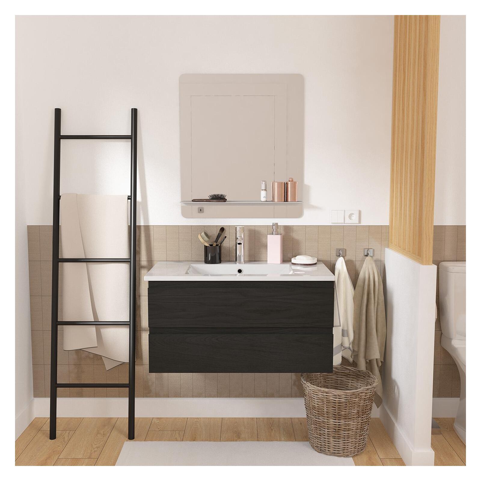 Ensemble meuble simple vasque décor chêne  80cm + vasque + robinet + miroir