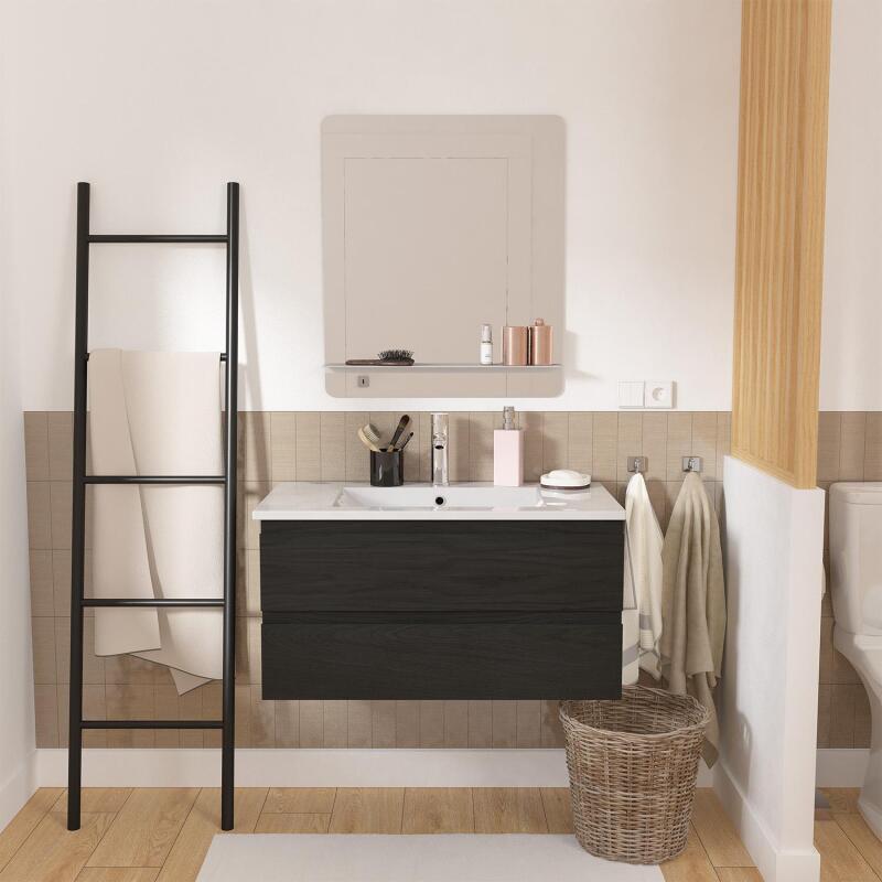Ensemble meuble simple vasque décor chêne  80cm + vasque + robinet + miroir