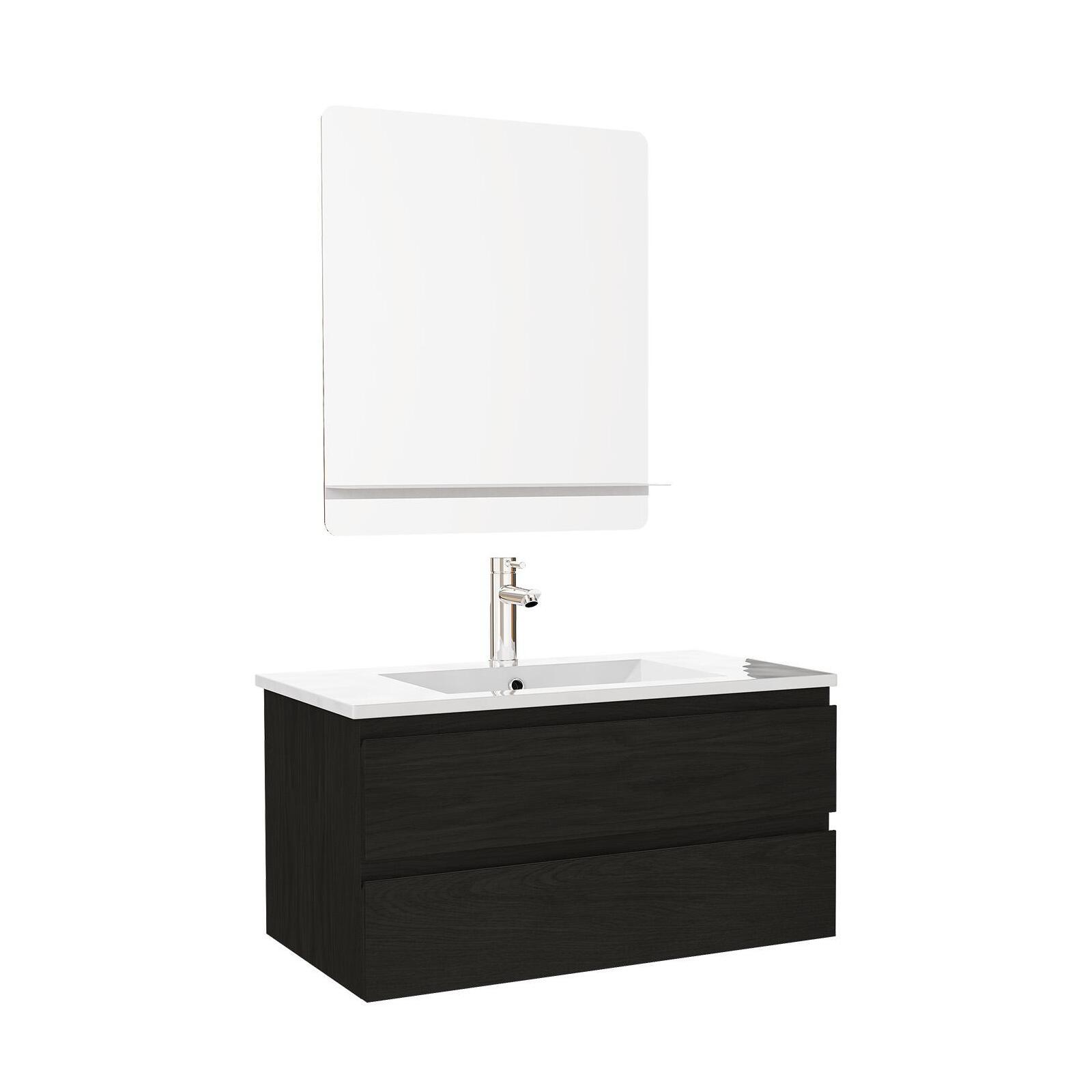 Ensemble meuble simple vasque décor chêne  80cm + vasque + robinet + miroir