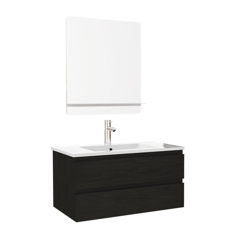 Ensemble meuble simple vasque décor chêne  80cm + vasque + robinet + miroir