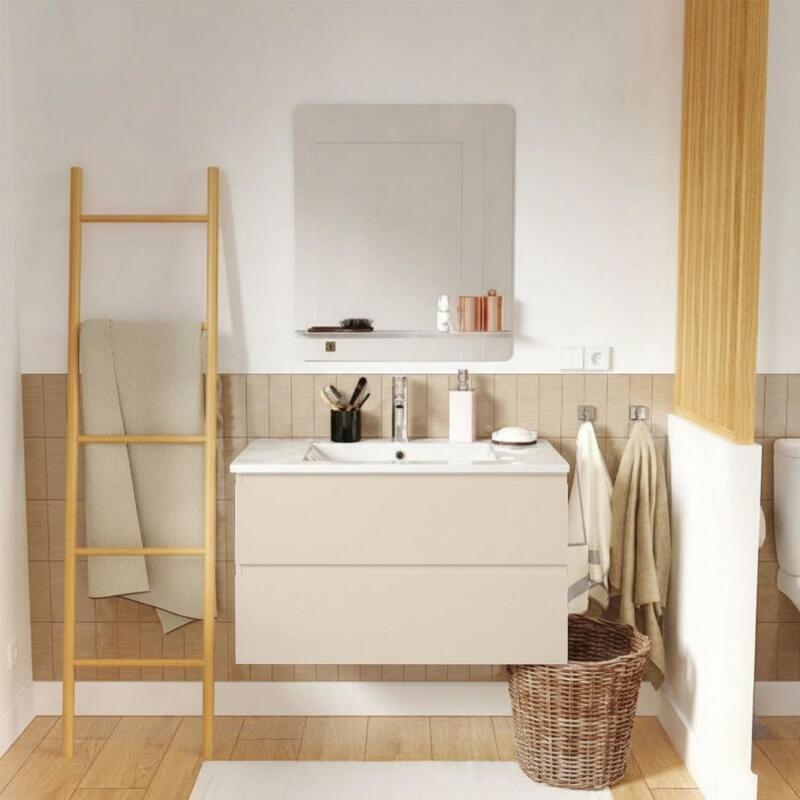 Ensemble meuble simple vasque décor chêne  80cm + vasque + robinet + miroir