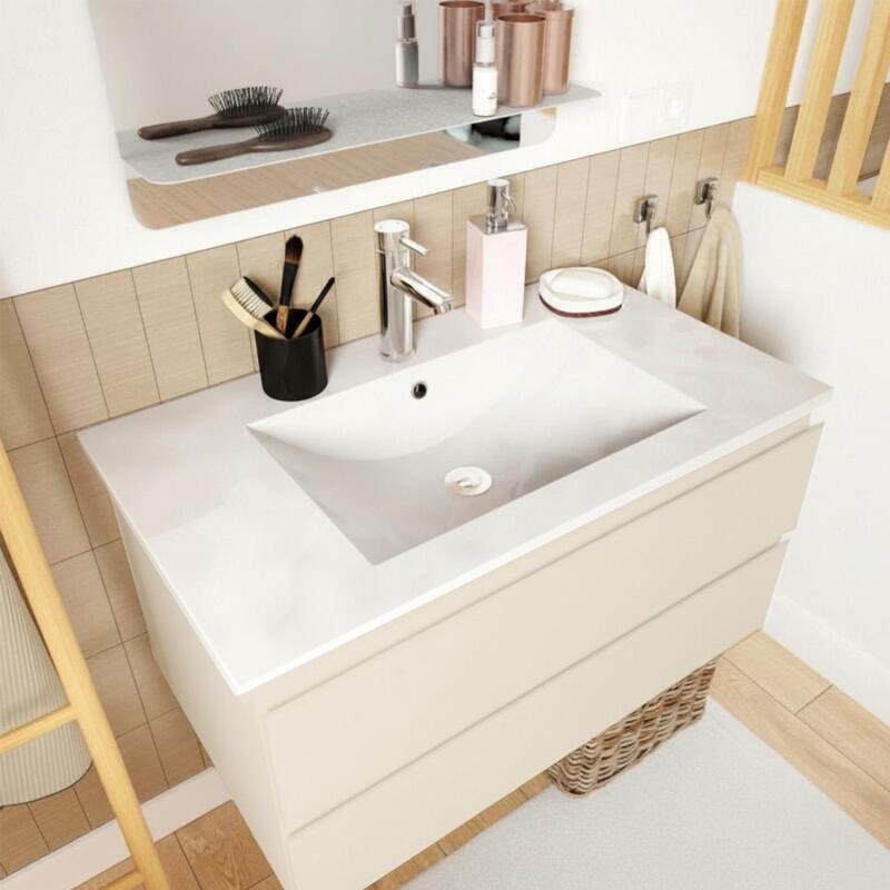 Ensemble meuble simple vasque décor chêne  80cm + vasque + robinet + miroir