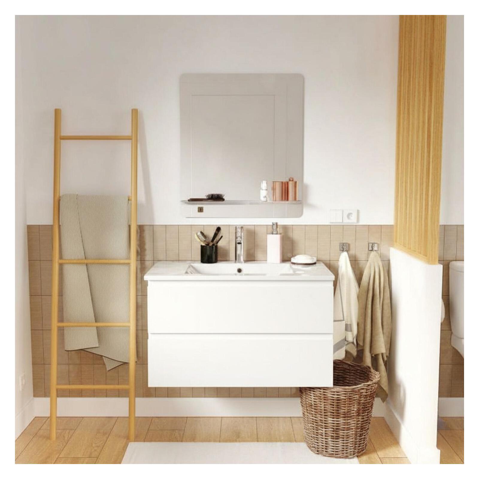Ensemble meuble simple vasque décor chêne  80cm + vasque + robinet + miroir