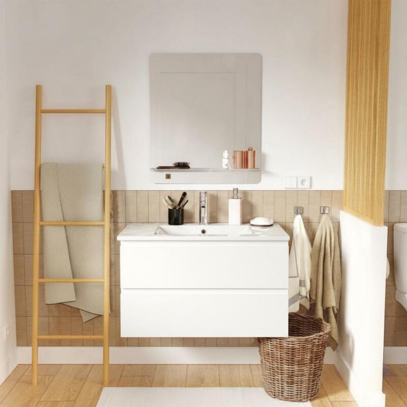 Ensemble meuble simple vasque décor chêne  80cm + vasque + robinet + miroir