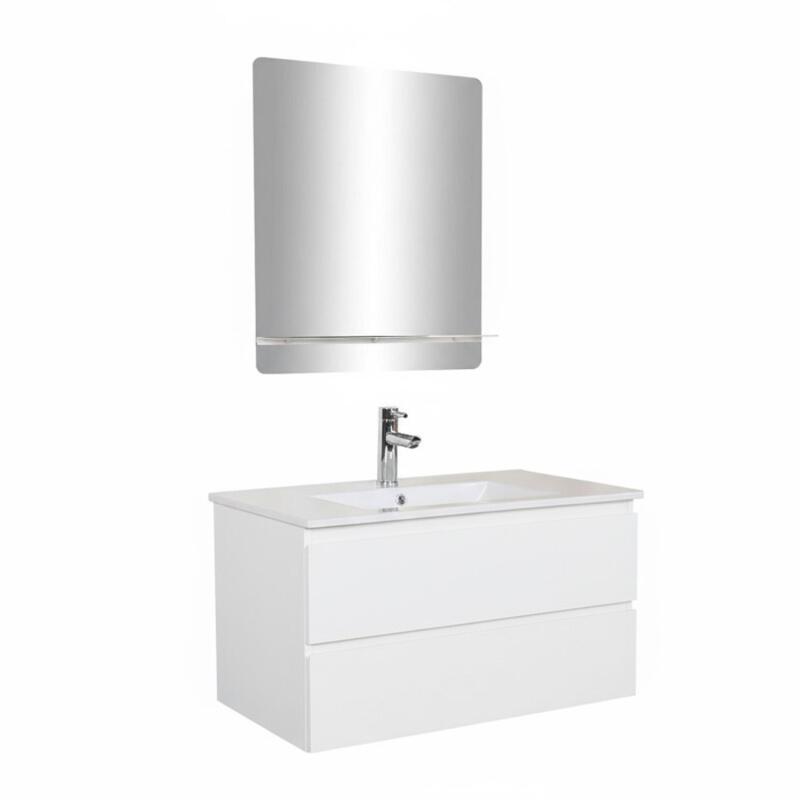 Ensemble meuble simple vasque décor chêne  80cm + vasque + robinet + miroir