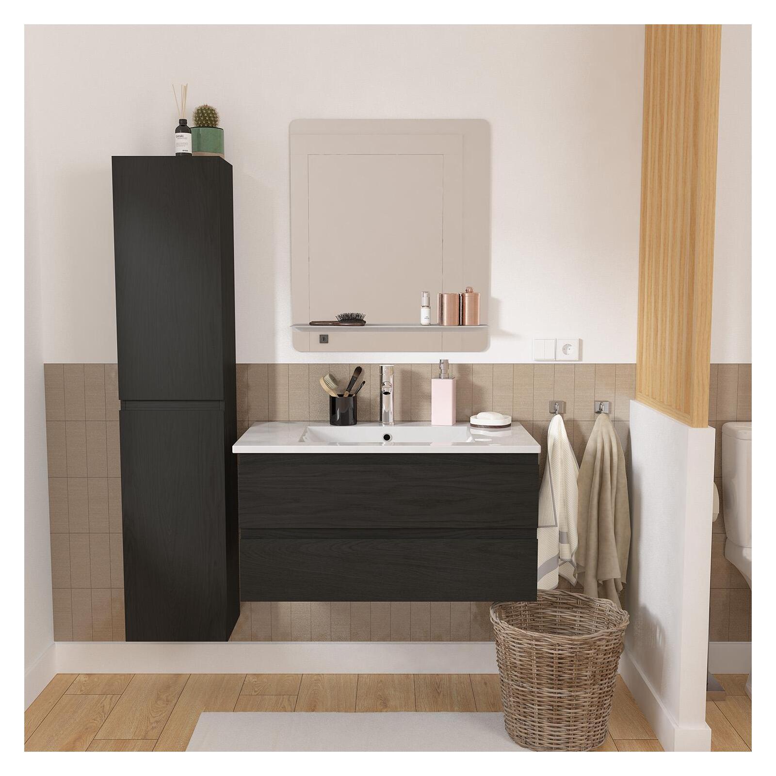 Ensemble meuble simple vasque 80cm décor chêne + vasque + robinet + miroir + colonne