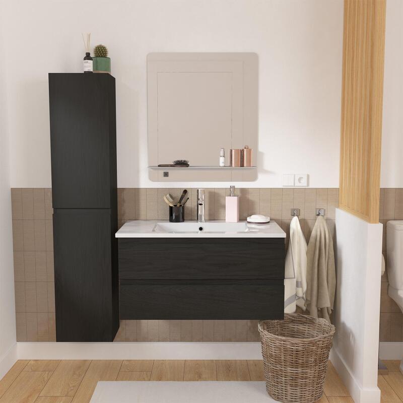 Ensemble meuble simple vasque 80cm décor chêne + vasque + robinet + miroir + colonne