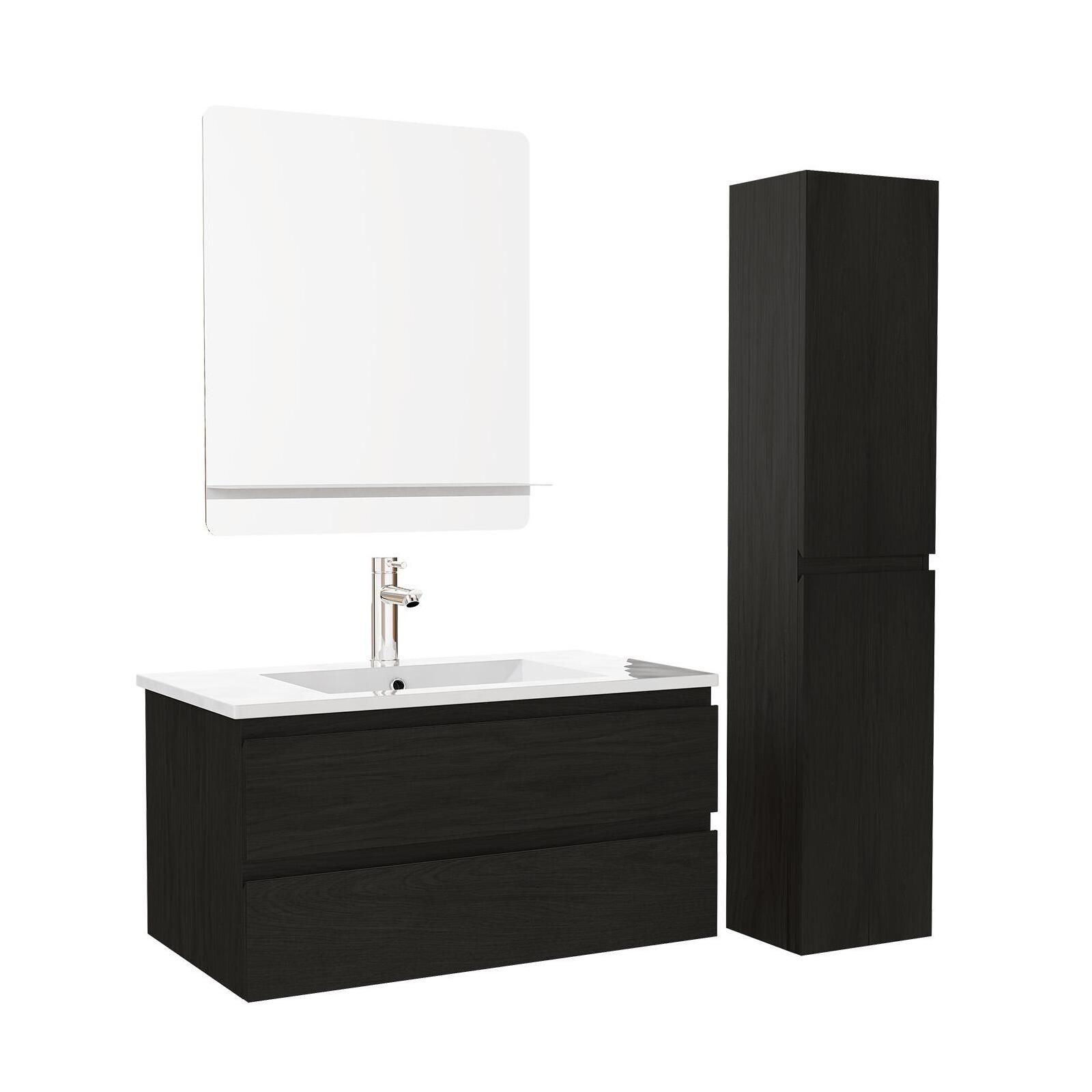 Ensemble meuble simple vasque 80cm décor chêne + vasque + robinet + miroir + colonne