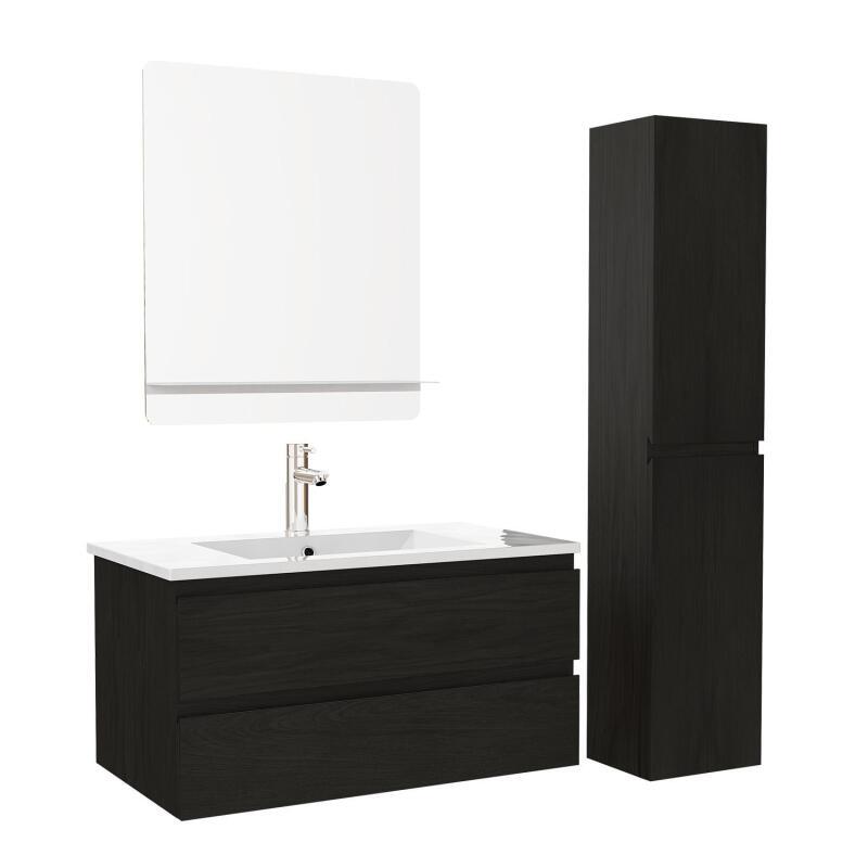 Ensemble meuble simple vasque 80cm décor chêne + vasque + robinet + miroir + colonne
