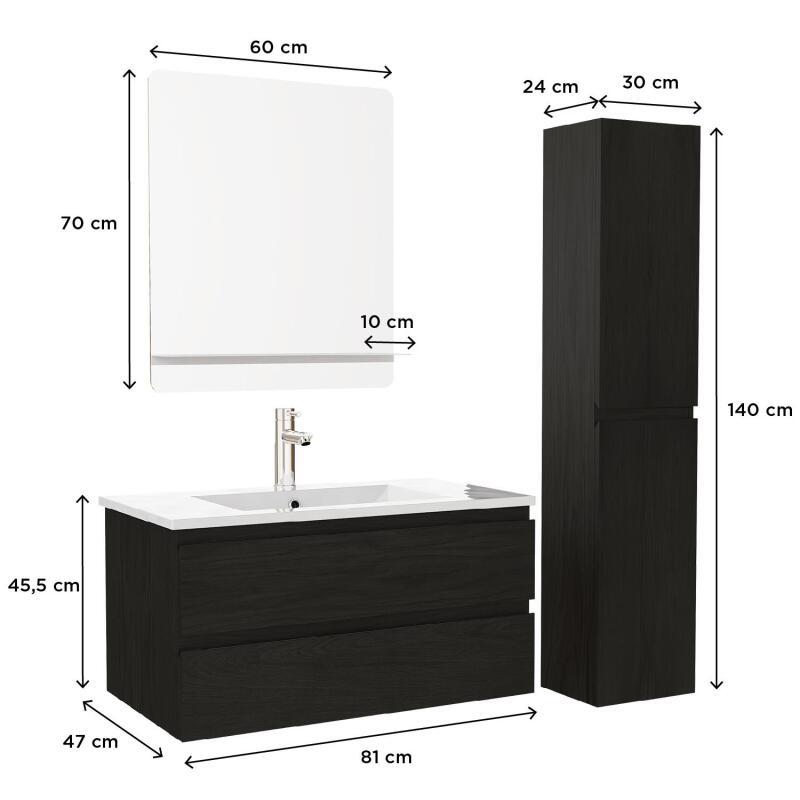 Ensemble meuble simple vasque 80cm décor chêne + vasque + robinet + miroir + colonne